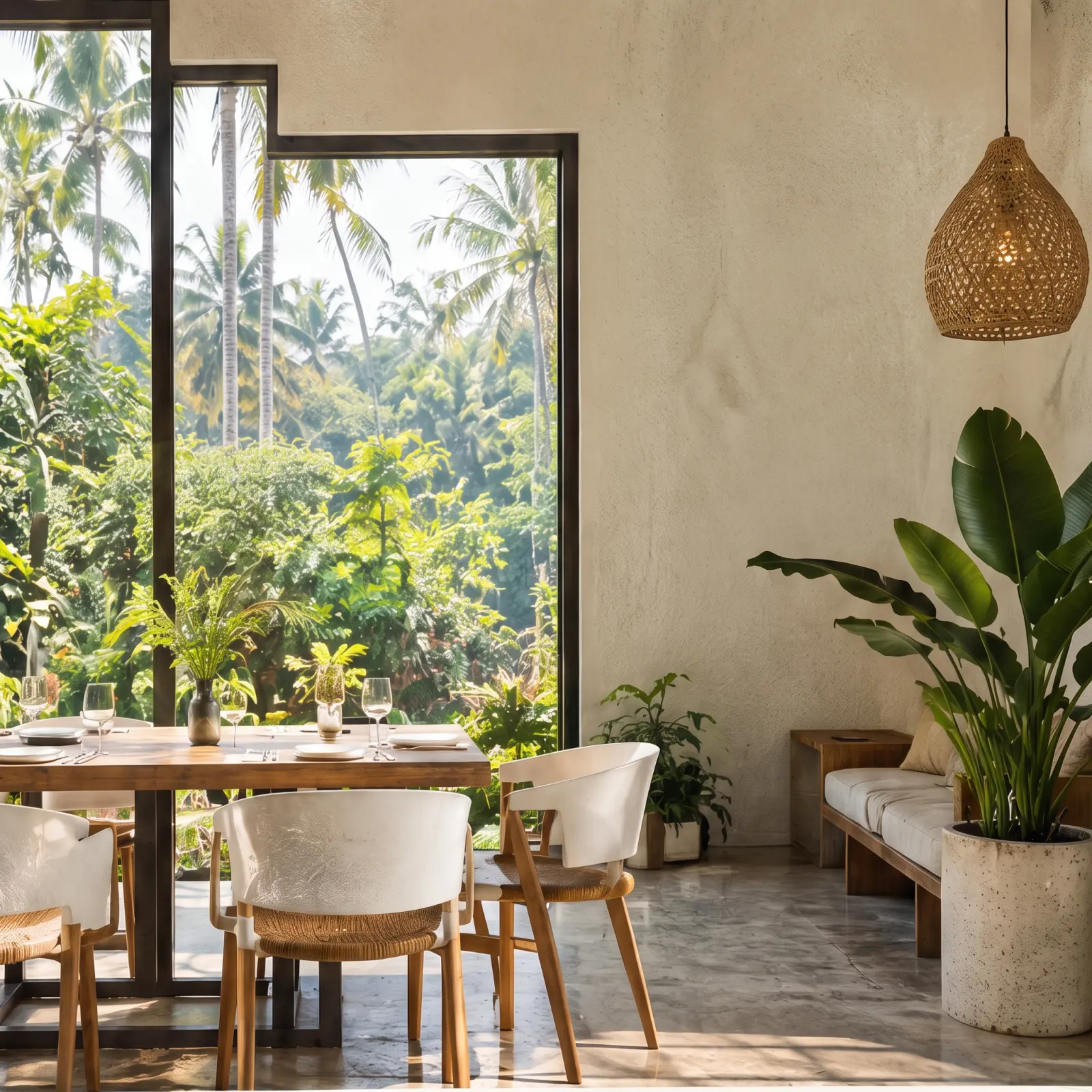 The café's open-air dining room: a timber table and white curved chairs on terrazzo, with coconut palms beyond a tall black-framed opening