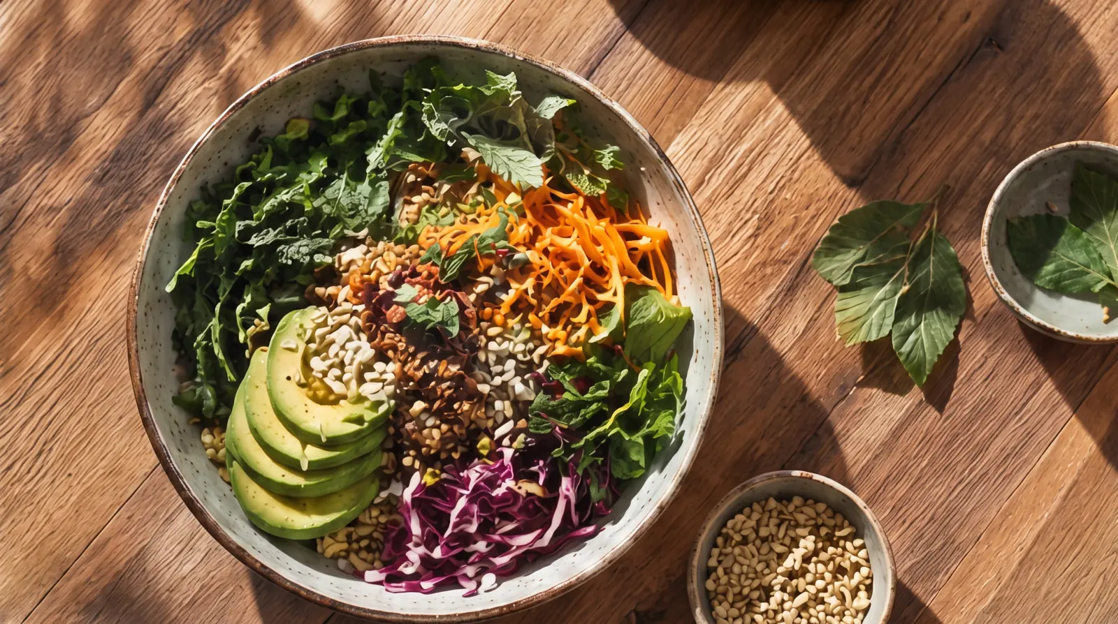 A ceramic bowl of greens, sliced avocado, shredded carrot, red cabbage, grains and seeds on a warm wooden board