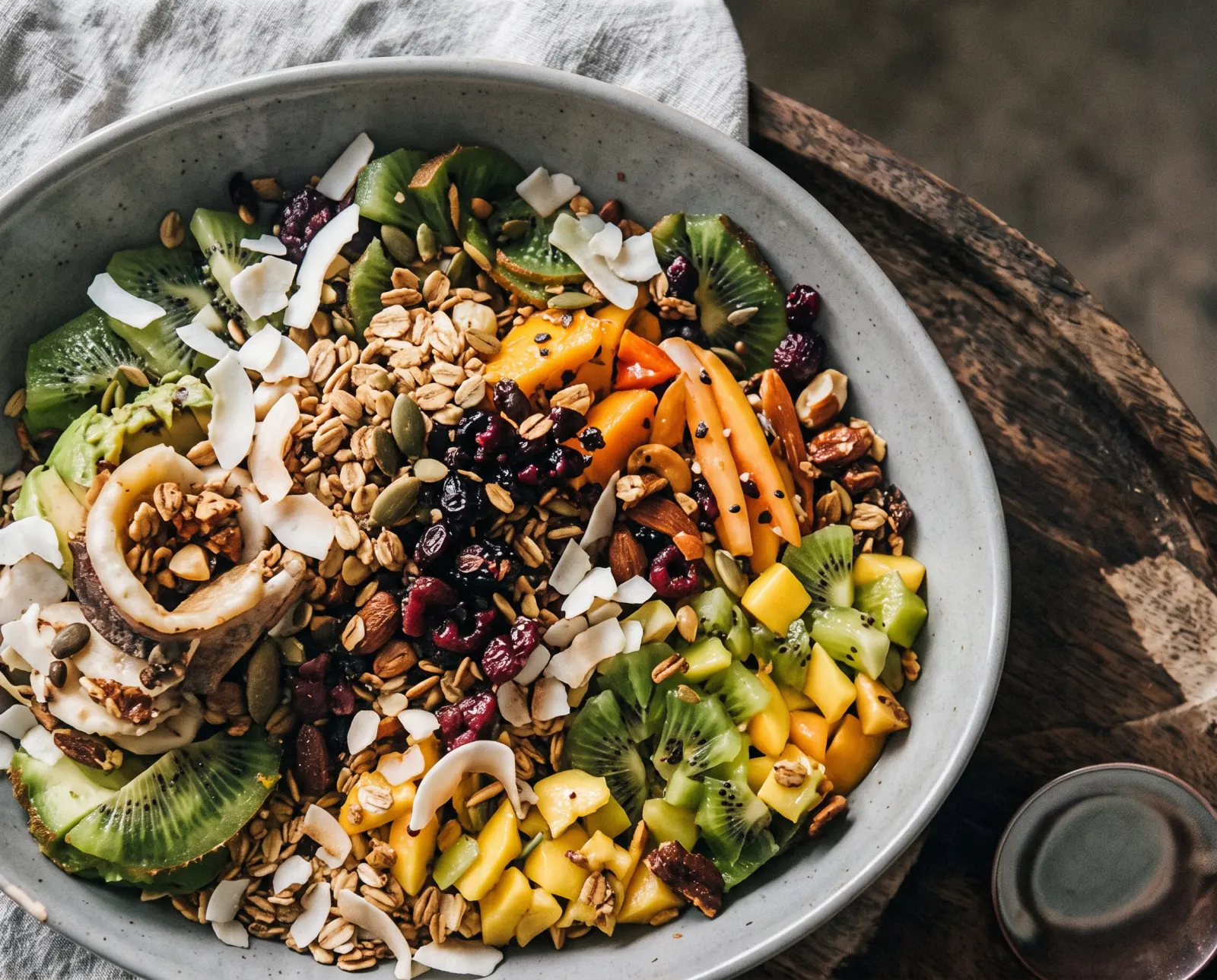 Bowl of house granola with tropical fruit and coconut