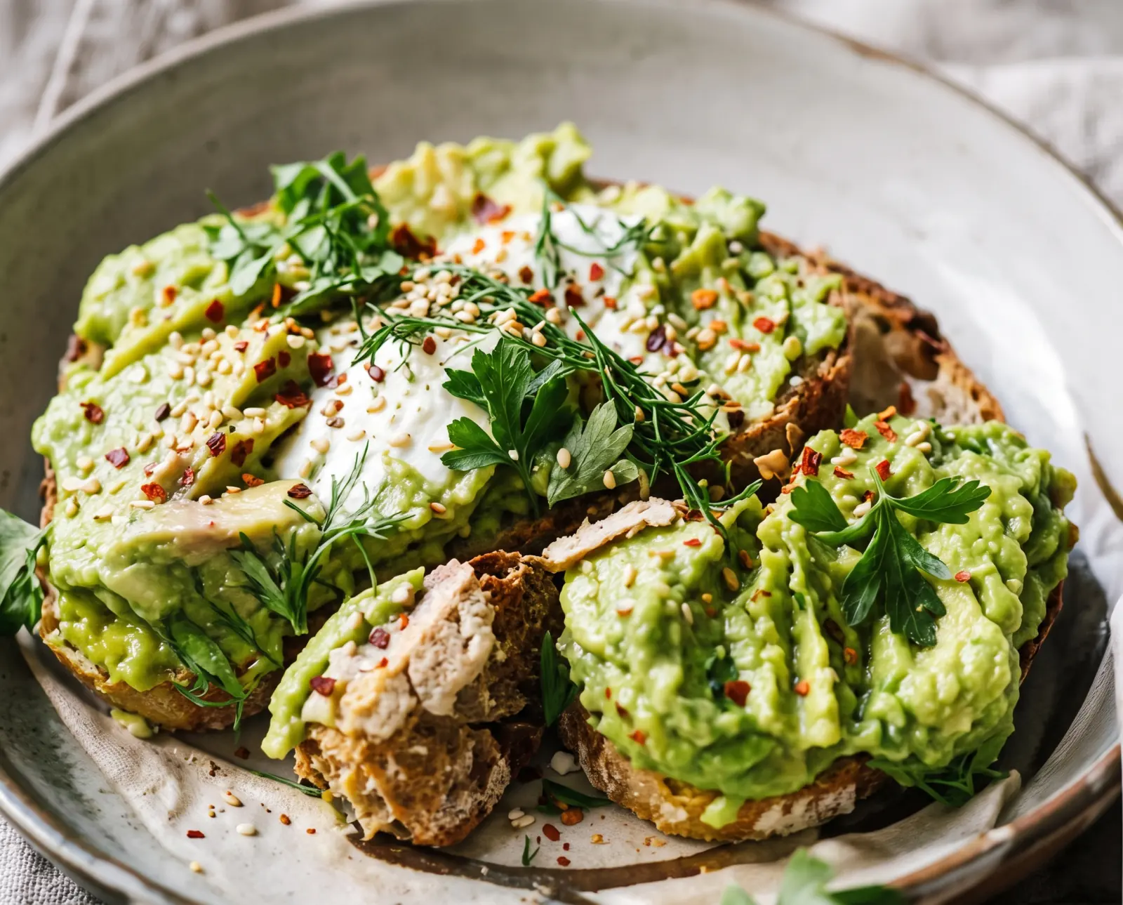 Avocado on sourdough toast with herbs and seeds