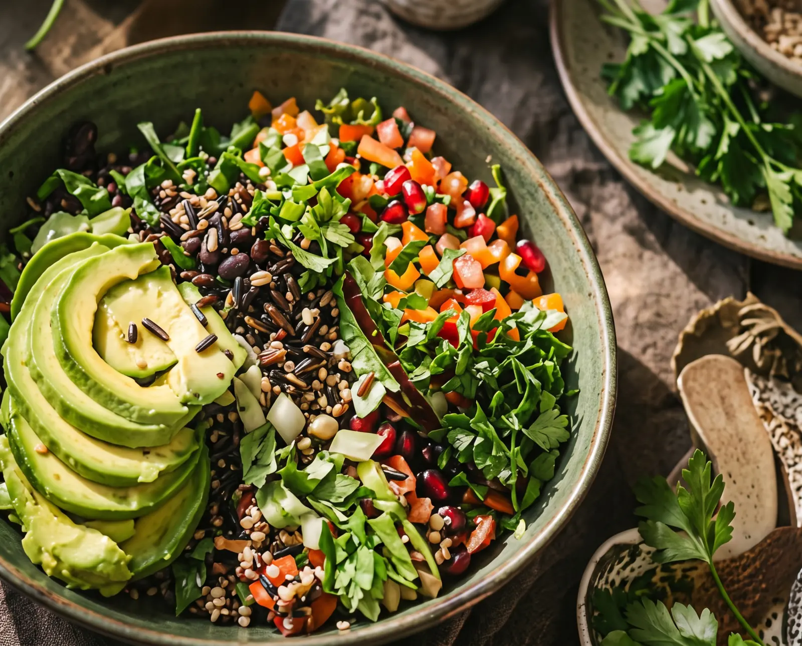 Green bowl of local greens, grains and avocado