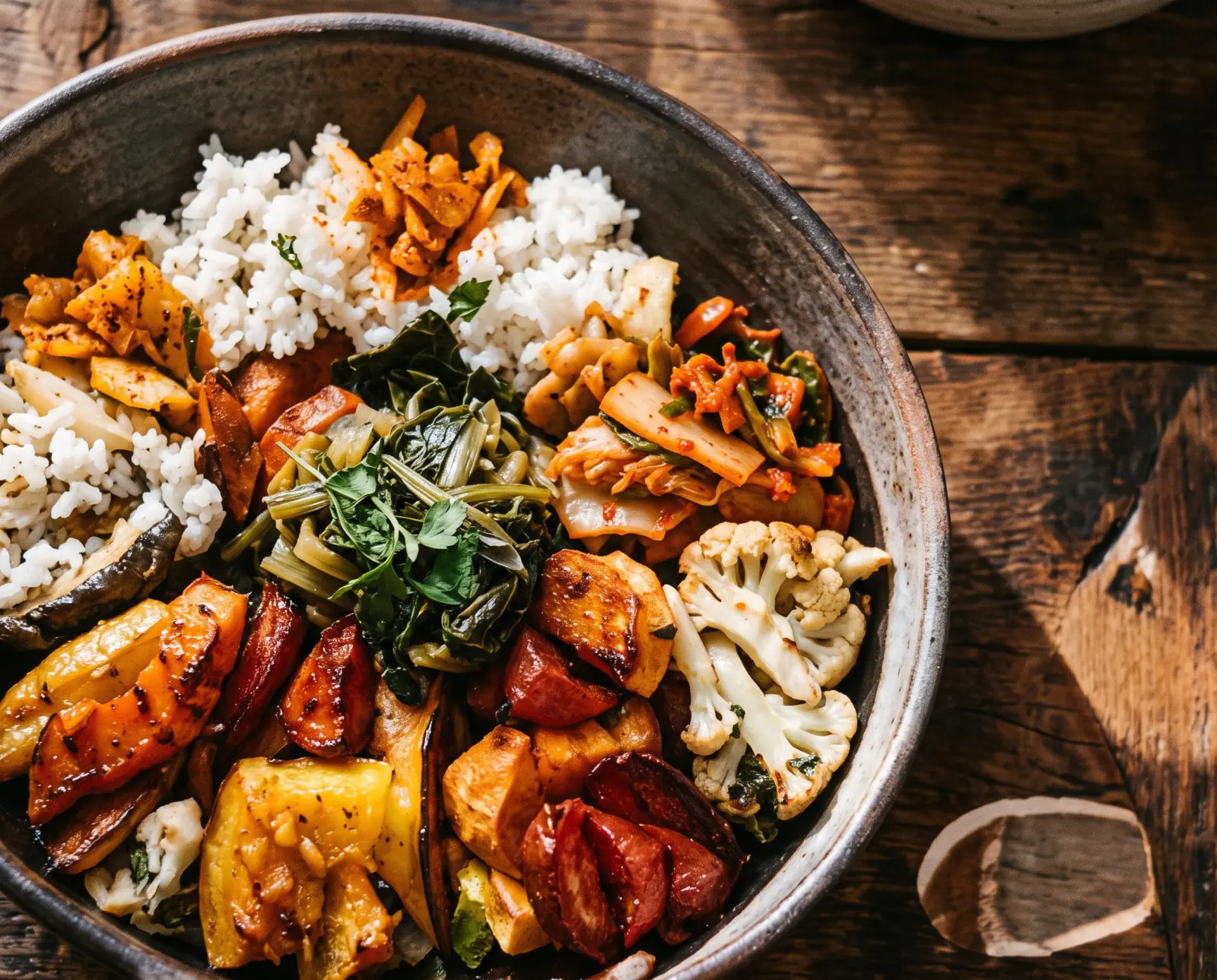 Bowl of roasted vegetables, rice and pickles