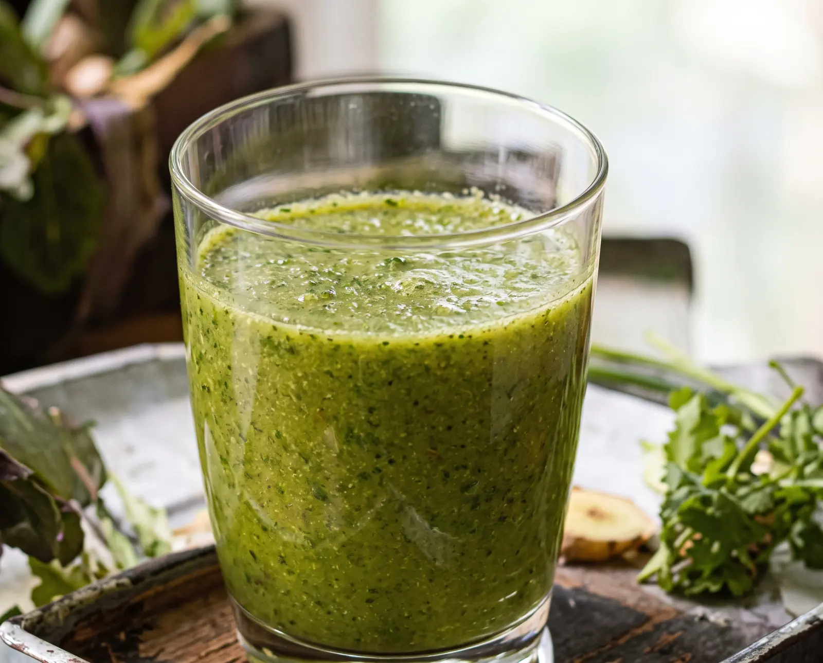Glass of green herbal tea brewed from local herbs