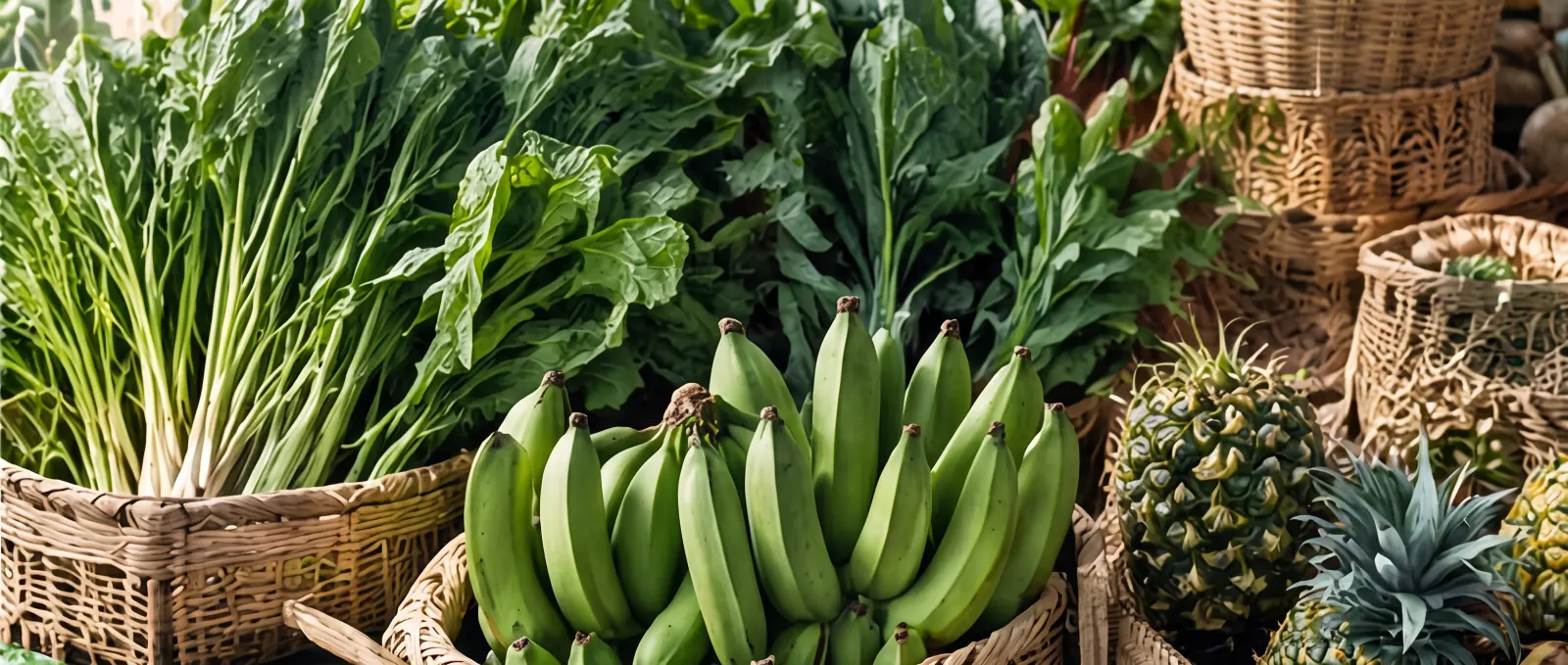 Leafy greens and spring onions in woven baskets beside green bananas and pineapples from growers across Bali