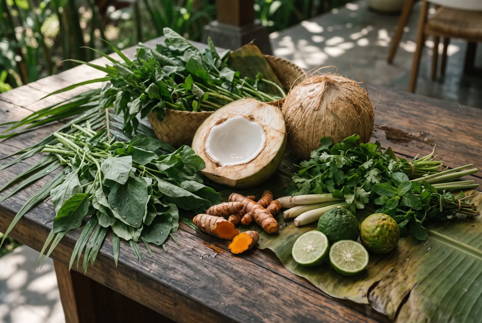 Fresh greens, coconut, turmeric and limes laid out on timber