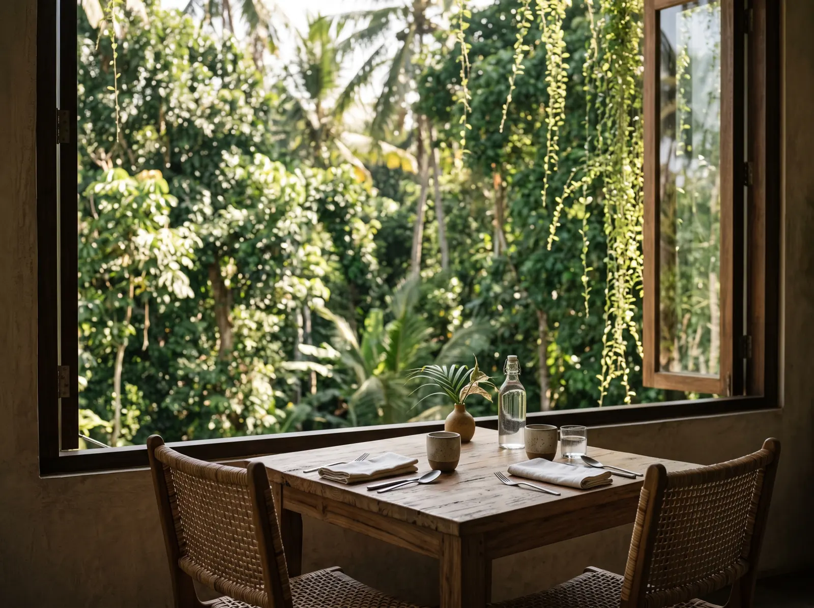 A table set for two beside an open window onto green trees