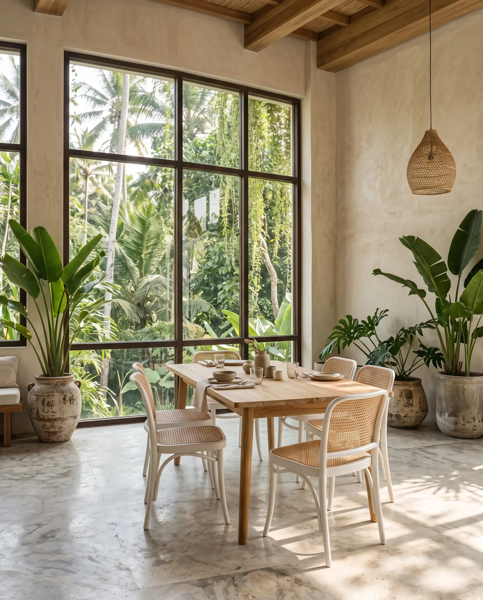 A table set for two beside an open window onto green trees